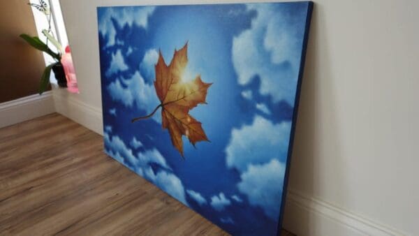 Fine Art Original Oil Painting of a Imaginative Leaf in the Sun inspired by Dali. This is a unique composition from my love for Sunshine and Trees. Relax and enjoy