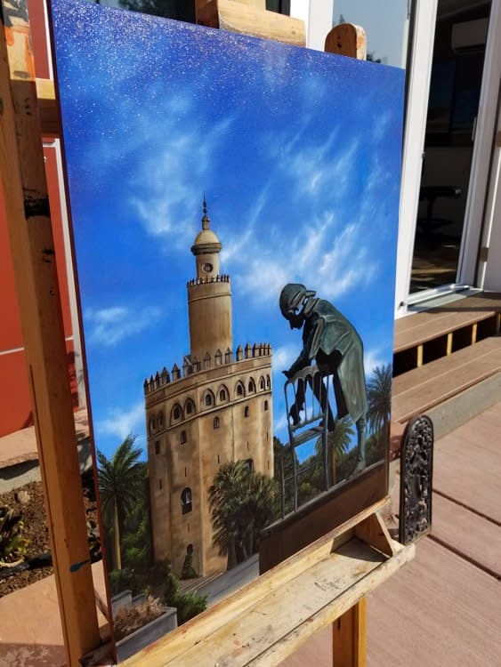 Seville is north of my town, Jerez and this is a Monument to Wolfgang Amadeus Mozart, the bronze statue is by Ronaldo Campos. This painting is part of a series "Mediterranean" There is something mesmerizing and magical about Mediterranean sites in Spain.