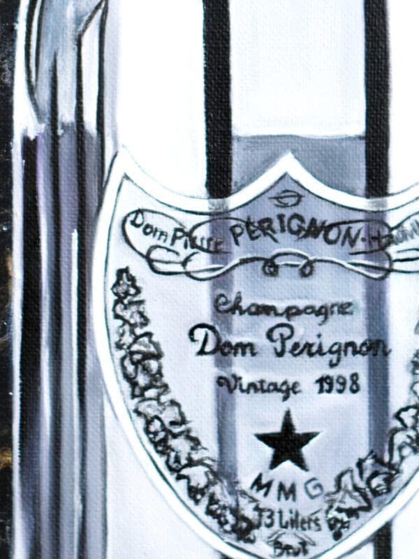Close-up view of the Dom Perignon label in the painting, highlighting the detailed oil rendering