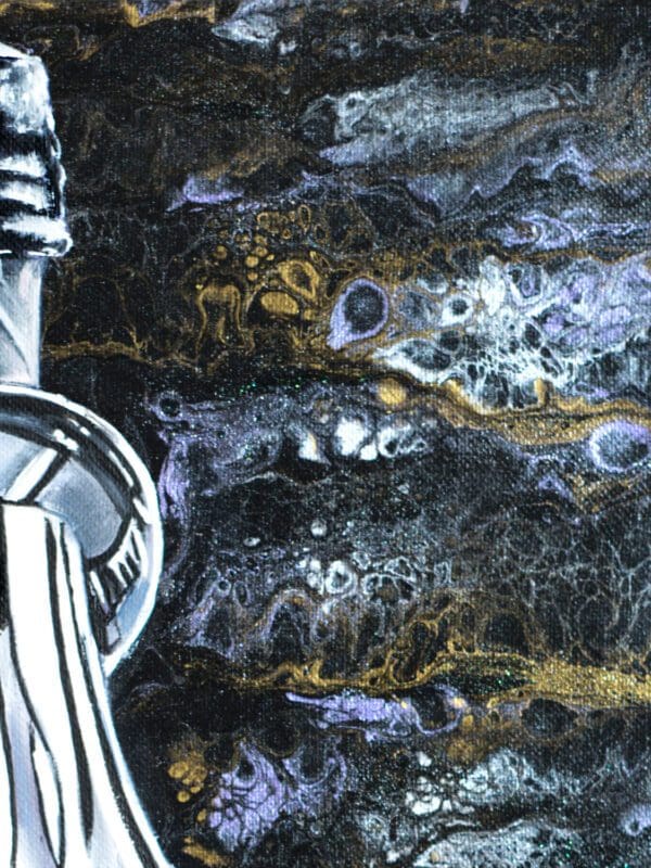 Detail shot showcasing the metallic acrylic pour background of the Dom Perignon painting