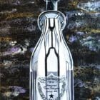 Painting of a Dom Perignon champagne bottle, created with traditional oils and a metallic acrylic pour background