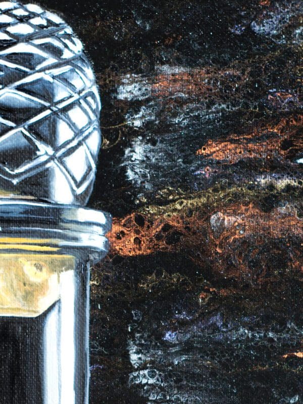 Detail image highlighting the abstract, metallic acrylic pour background.