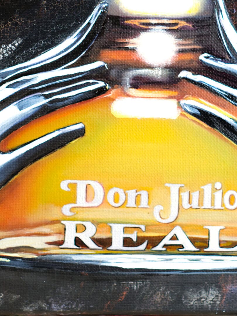 Close-up detail shot of the oil-painted Don Julio Tequila bottle.