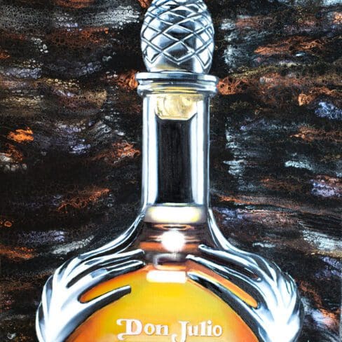 A vibrant oil painting of DON JULIO Tequila bottle against an abstract acrylic pour background.