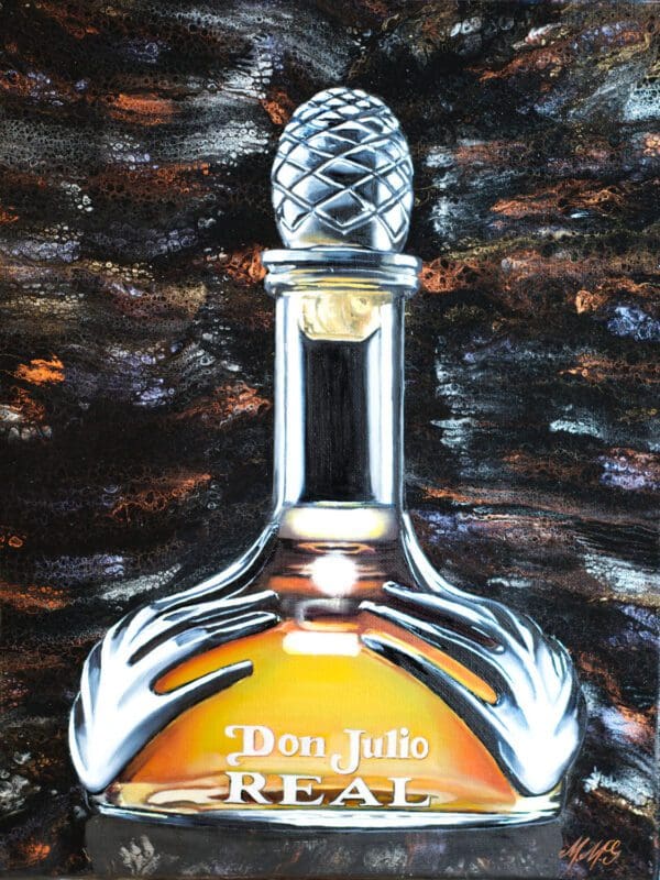 A vibrant oil painting of DON JULIO Tequila bottle against an abstract acrylic pour background.