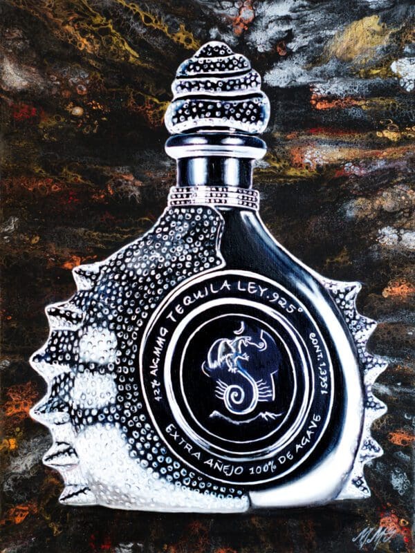 Monica_Fine_Art_Tequila_Ley_925_Diamante_Painting_Detail_Oil_Rendered_Bottle_Acrylic_Poured_Metallic_Background