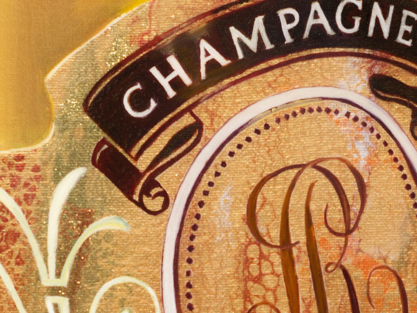Close-up detail of Monica Marquez Gatica's 'Cristal Elegance,' showing the meticulous oil painting of a Cristal Champagne bottle, emphasizing the reflective surfaces and tactile textures.