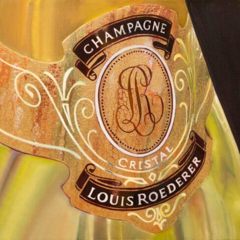 Artwork by Monica Marquez Gatica titled 'Cristal Elegance,' featuring the detailed depiction of a Cristal Champagne bottle's upper part using traditional oil painting, set against a vibrant, abstract background created with the acrylic pouring technique, showcasing her unique Hybrid Fluid Realism style