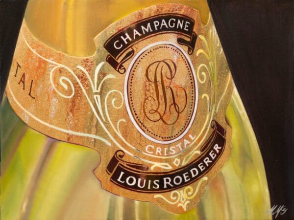 Artwork by Monica Marquez Gatica titled 'Cristal Elegance,' featuring the detailed depiction of a Cristal Champagne bottle's upper part using traditional oil painting, set against a vibrant, abstract background created with the acrylic pouring technique, showcasing her unique Hybrid Fluid Realism style