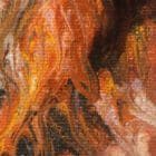 Detailed view of 'Basking in Gold', showcasing the dynamic acrylic pouring technique used to depict the background.