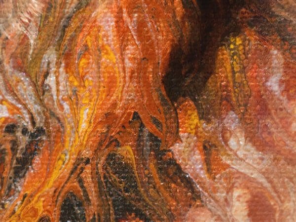 Detailed view of 'Basking in Gold', showcasing the dynamic acrylic pouring technique used to depict the background.