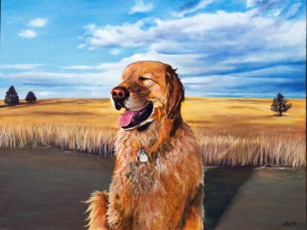 Monica Marquez Gatica's 'Basking in Gold', an exquisite hybrid fluid realism painting featuring a golden retriever in a prairie landscape, beautifully merging abstract acrylic pouring and traditional oil details.