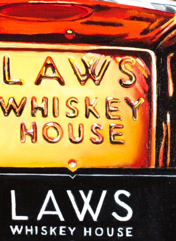 Close-up of Monica Marquez Gatica's LAWS Fluid Whiskey painting, revealing intricate oil details of the whiskey bottle.