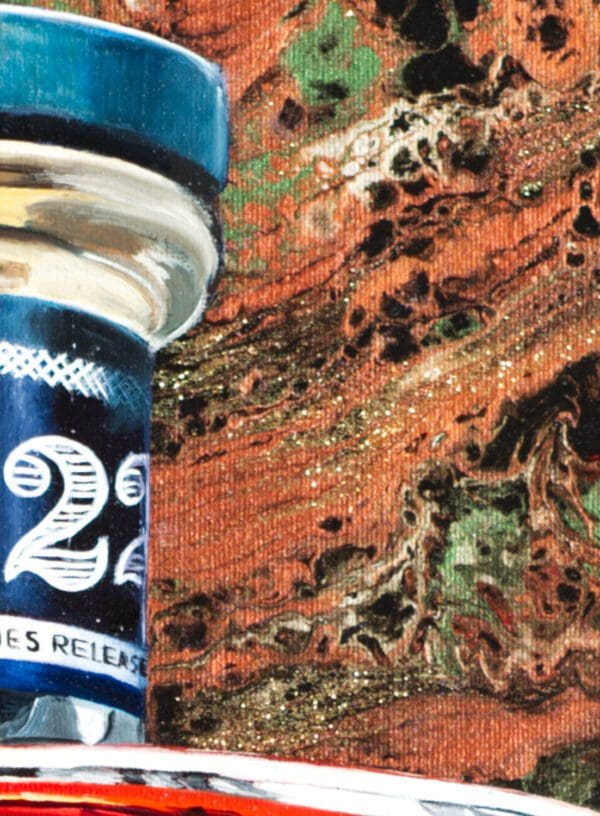 Zoomed-in segment of Monica Marquez Gatica's LAWS Fluid Whiskey painting, showcasing the swirling patterns of her acrylic pouring technique.