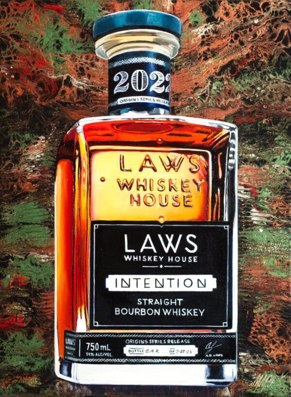 Monica Marquez Gatica's LAWS Fluid Whiskey painting, showcasing her signature hybrid fluid realism style with a blend of ethereal backgrounds and detailed whiskey bottle.