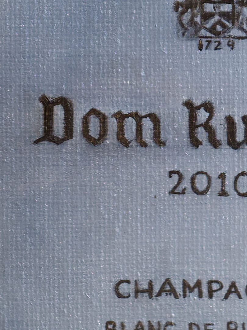 Detail shot highlighting the oil details in Monica Marquez Gatica's Hybrid Fluid Realism painting of Dom Ruinart 2010 Blanc de Blanc.