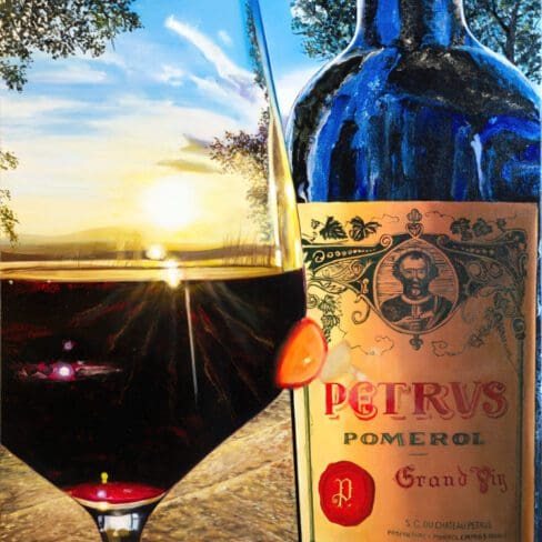 Hybrid Fluid Realism painting by Monica Marquez Gatica featuring a Petrus Pomerol wine bottle with a vivid sunset backdrop.