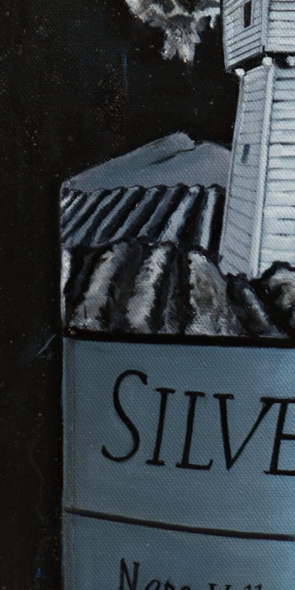 Close-up of the meticulous oil-painted details in 'Silver Oak - Silver Lining' by Monica Marquez Gatica.
