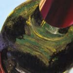 Detail of 'Grapes and Gradients', emphasizing the fluid and spontaneous acrylic pouring characteristic of Monica Marquez Gatica's Hybrid Fluid Realism.