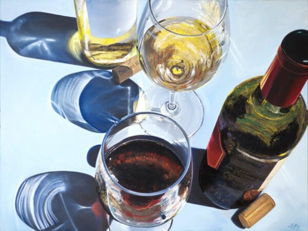 Monica Marquez Gatica's 'Grapes and Gradients', showcasing a wine bottle of red and white each, glasses filled with wine, and an interplay of luminous light and elongated shadows on a table.