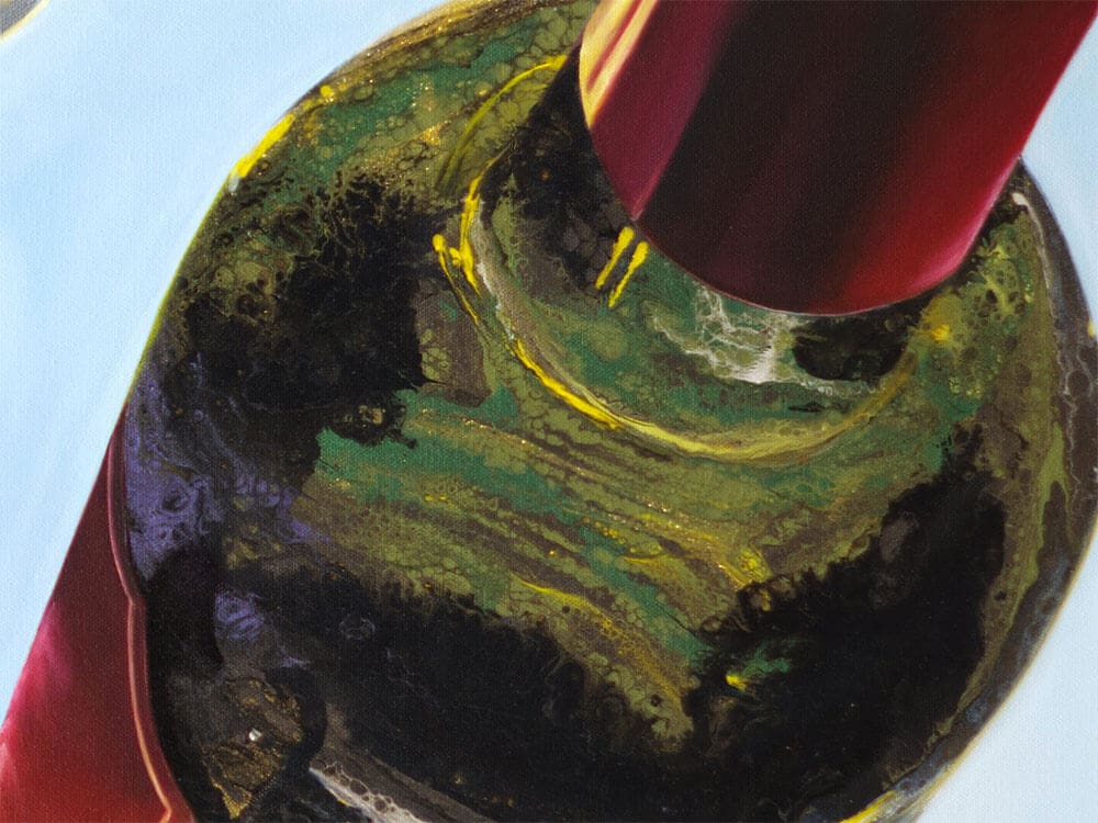 Detail of 'Grapes and Gradients', emphasizing the fluid and spontaneous acrylic pouring characteristic of Monica Marquez Gatica's Hybrid Fluid Realism.
