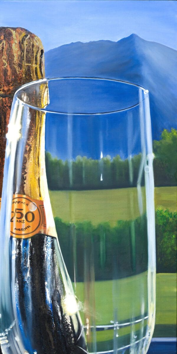 Detail of Monica Marquez Gatica's painting showing a champagne bottle's neck with the cork and a glass with reflected scenery