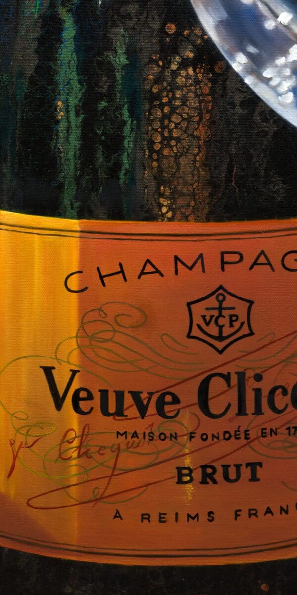Close-up of Veuve Clicquot champagne bottle label in Monica Marquez Gatica's painting.