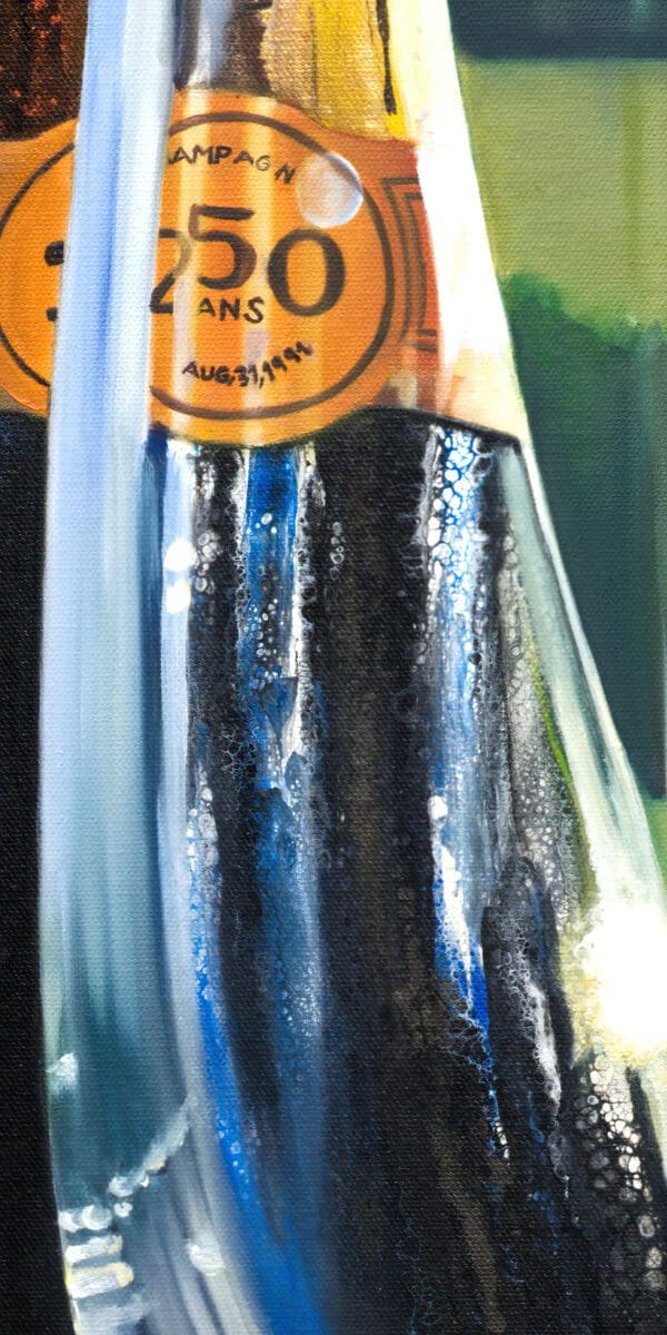 Painting detail by Monica Marquez Gatica featuring the neck of a Veuve Clicquot bottle with a mountainous background.