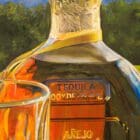 Monica Marquez Gatica's painting detail of a Patron bottle cork and neck against a mountainous backdrop.