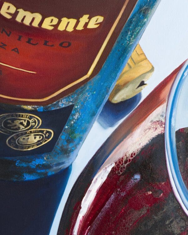 Zoomed-in view of a red wine glass and bottle label in a fluid realism painting.