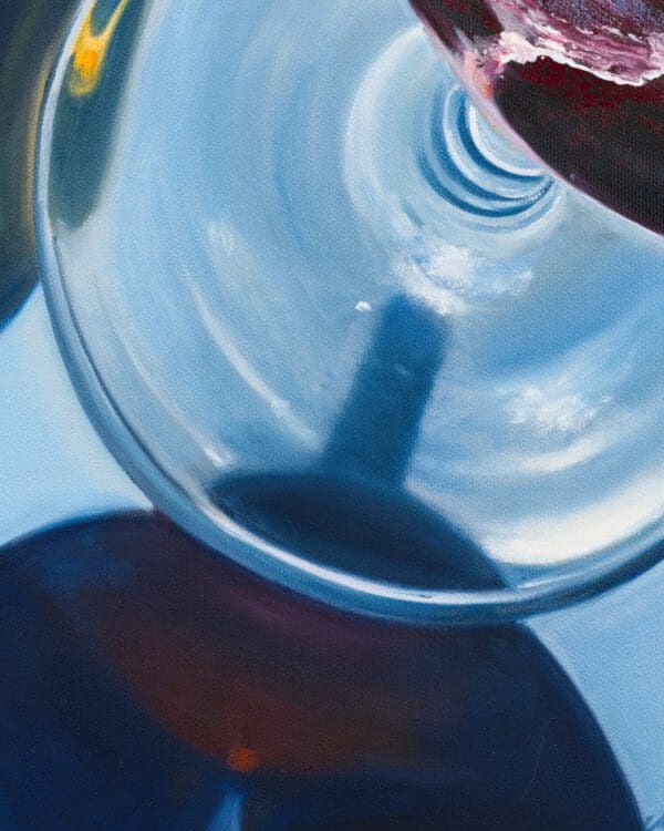 Artistic detail of a shadow cast by a wine glass in a fluid realism painting.