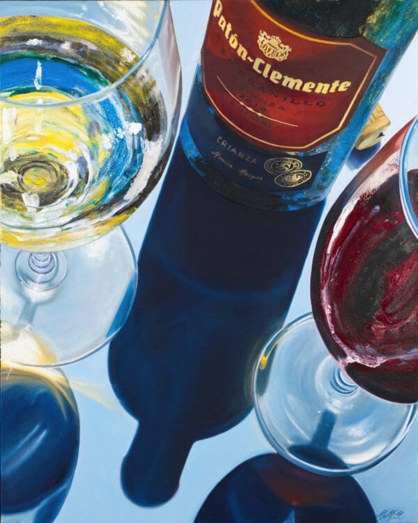Contemporary wine painting by Monica Marquez Gatica titled 'Vinous Harmony' featuring glasses of red and white wine with acrylic pouring technique on a 24x30 canvas.