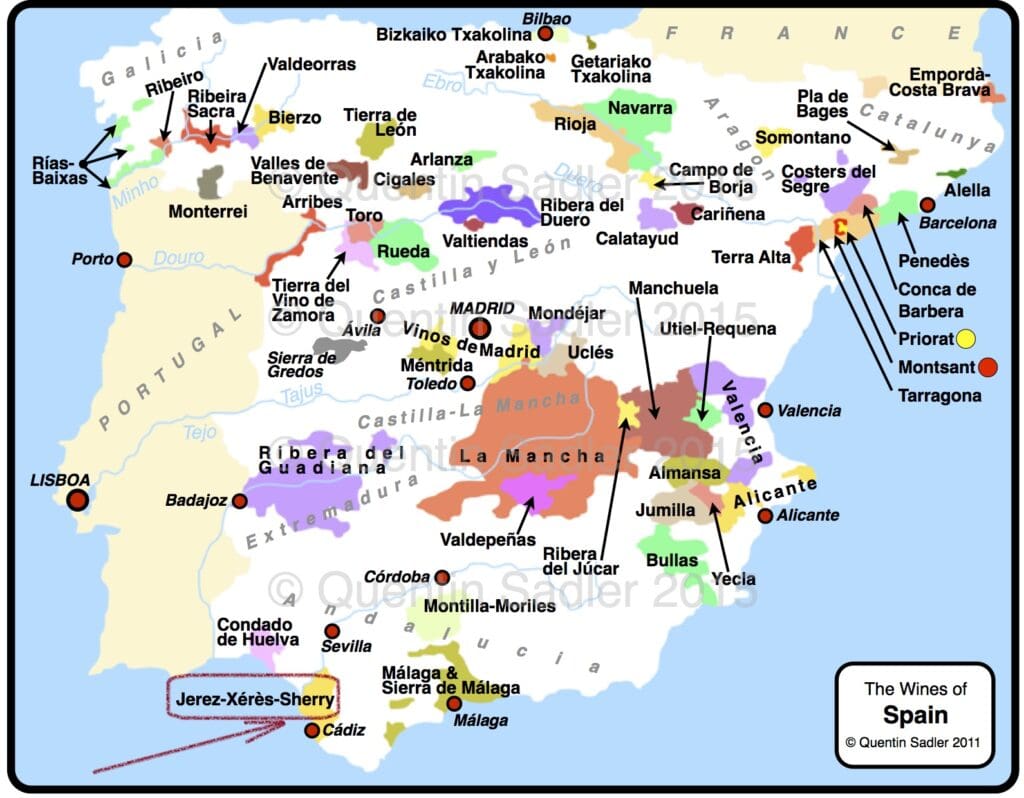 Map displaying various Spanish wine regions, copyright Quentin Sadler 2011