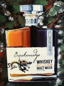 Monica Marquez Gatica's 'Dragon's Elixir' painting, featuring Breckenridge Whiskey bottle against a fluid acrylic background.