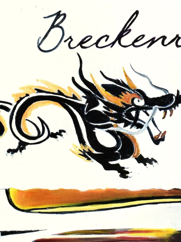 Oil-painted detail of a dragon emblem on the Breckenridge Whiskey label from 'Dragon's Elixir' by Monica Marquez Gatica.