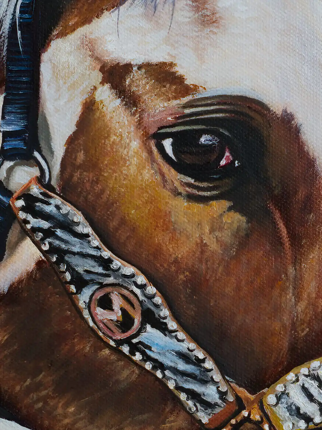 Close-up of a horse's eye and bridle from Monica Marquez Gatica's painting 'Golden Horse', displaying the fine art detail in oil.