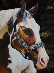 Monica Marquez Gatica's fine art painting 'Golden Horse' featuring a detailed horse in oil against a fluid acrylic background.