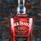 Monica Marquez Gatica's fine art painting of a Jack Daniel's 150th Anniversary bottle against a vibrant acrylic-poured background.
