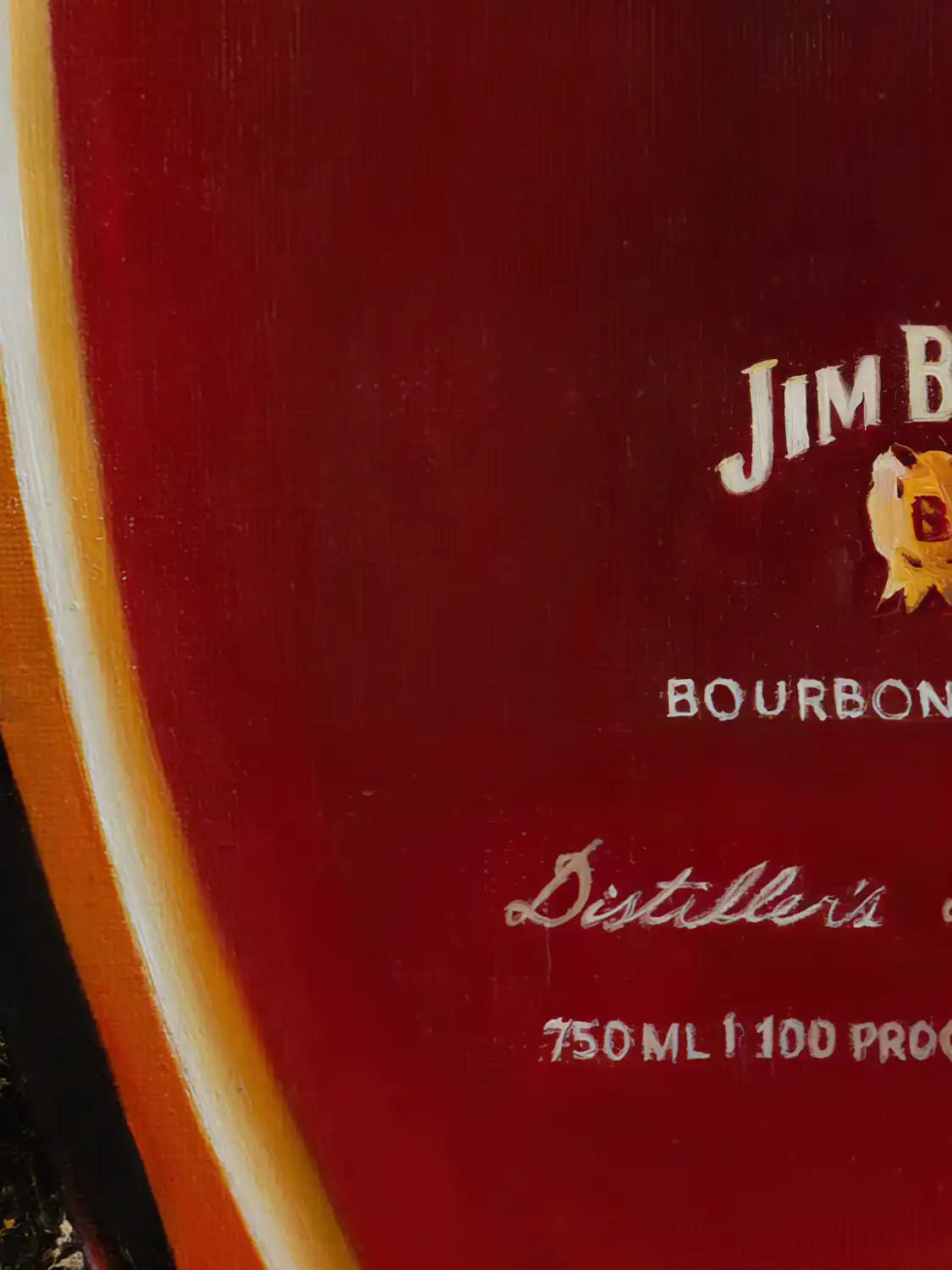 Close-up on the oil-painted Jim Beam bottle, highlighting the detailed realism in Monica Marquez Gatica’s 'Jim Beam Delight' artwork