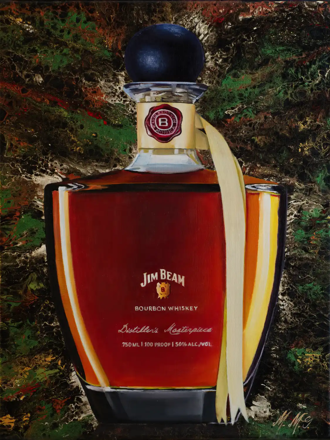 Full view of Monica Marquez Gatica's 'Jim Beam Delight' painting, showcasing a Jim Beam bottle in hyper-realistic detail against an abstract background.