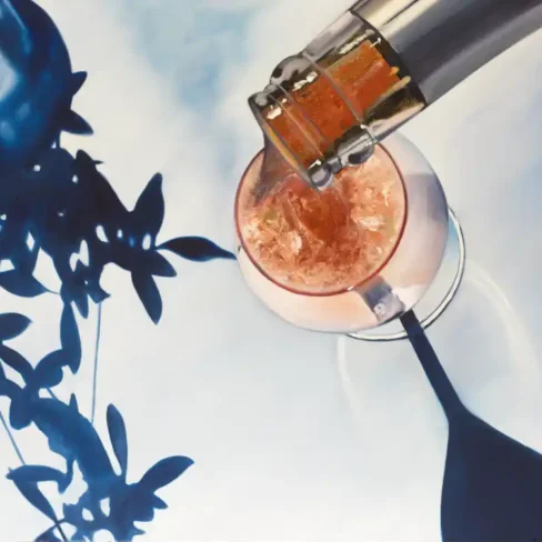 Hybrid Fluid Realism painting of champagne being poured into a glass with an olive tree shadow in the background.