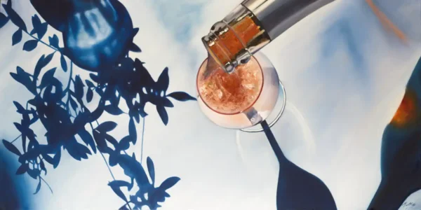 Hybrid Fluid Realism painting of champagne being poured into a glass with an olive tree shadow in the background.