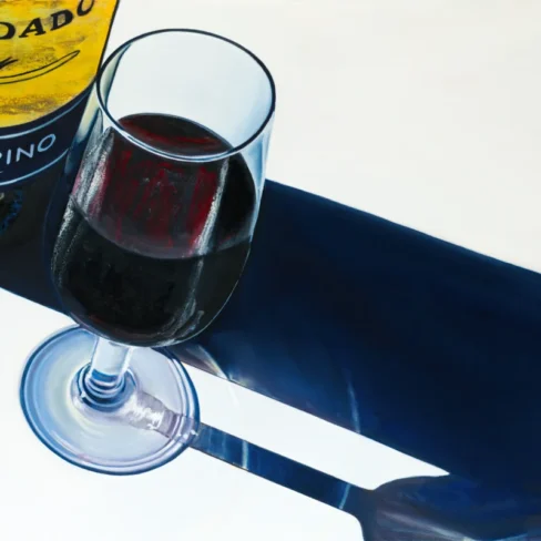 Realistic acrylic and oil painting of a Jerez Sherry wine bottle and glass casting a long shadow on a canvas.