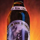 Hyper-realistic painting detail of Pappy Van Winkle's 23-year-old bourbon bottle against a fiery backdrop.