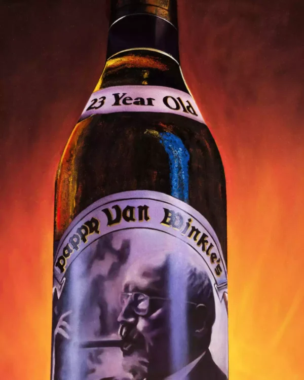 Hyper-realistic painting detail of Pappy Van Winkle's 23-year-old bourbon bottle against a fiery backdrop.