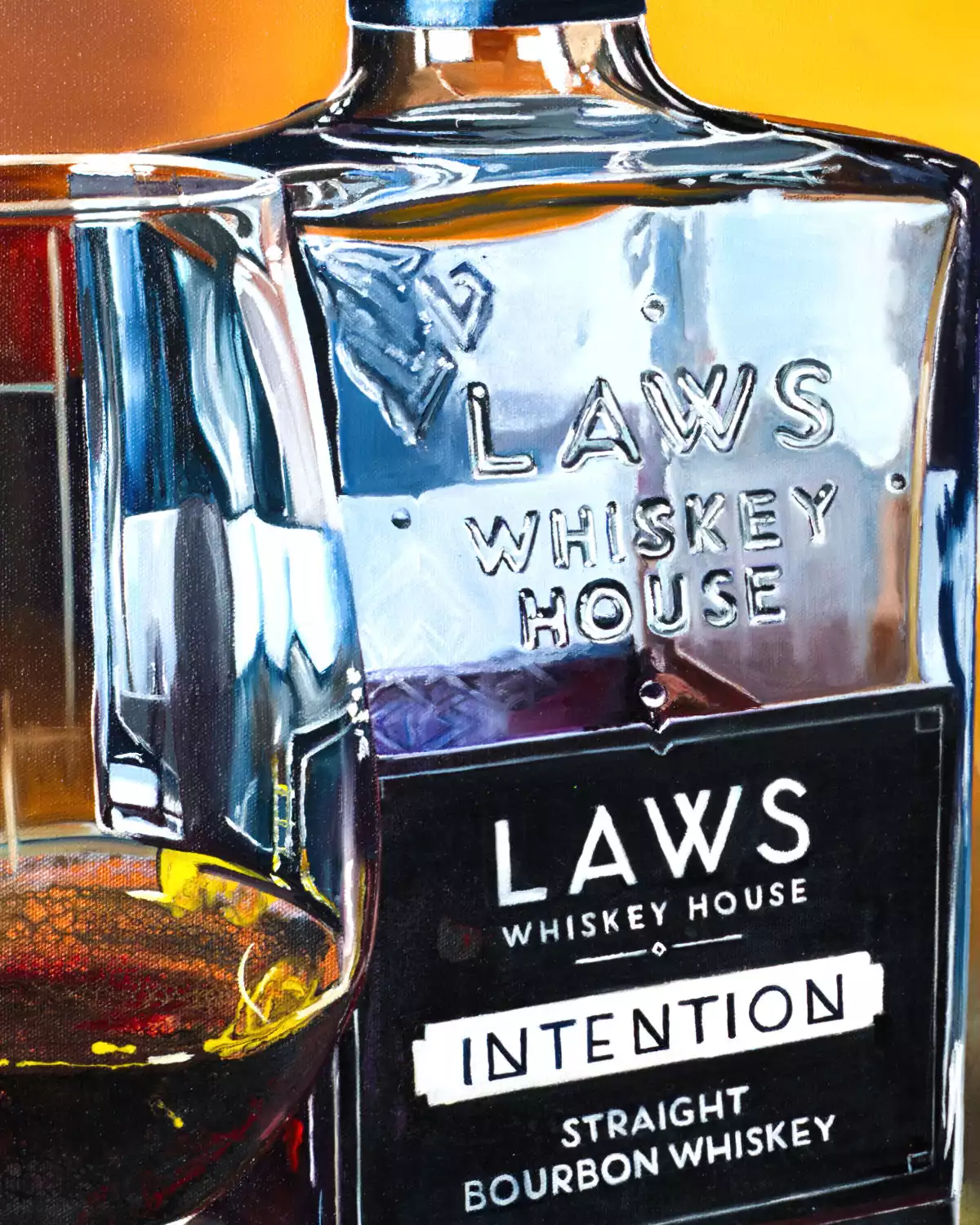 Artistic close-up showcasing the dynamic acrylic pouring technique used to represent LAWS Whiskey.