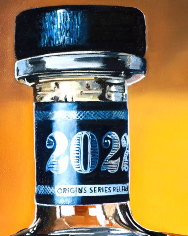 Hyper-realistic oil painting detail of LAWS Whiskey bottle cap from 'The Art of LAWS Intention