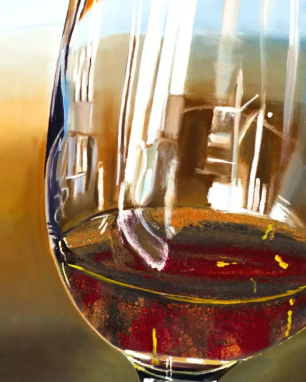 Close-up view of LAWS Whiskey in glass painted with a vibrant acrylic pouring technique.
