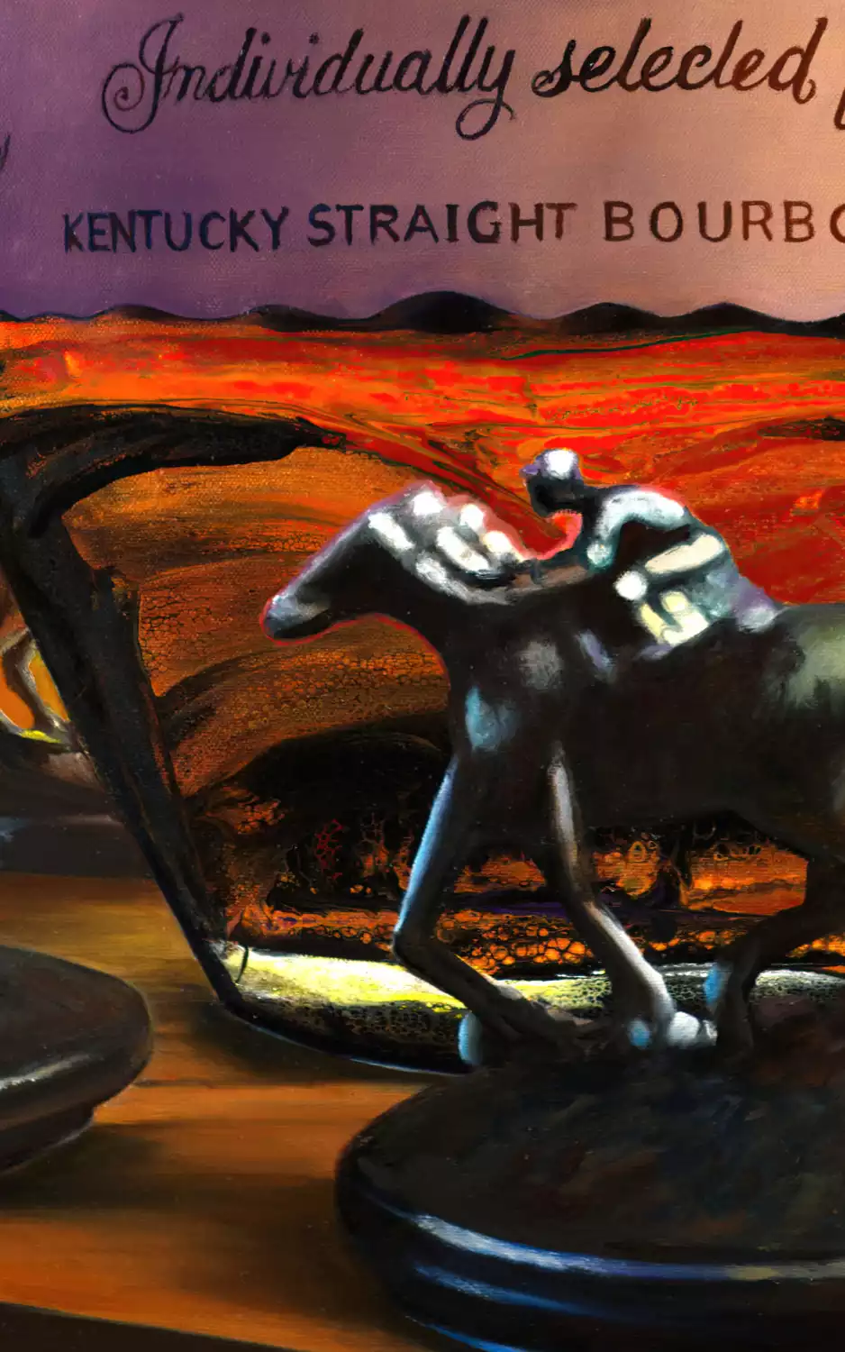 Close-up of a dark horse figurine against a vibrant whiskey backdrop in a fluid realism painting.