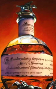 Intense detail of a whiskey bottle label with fluid orange and red background in a hybrid painting
